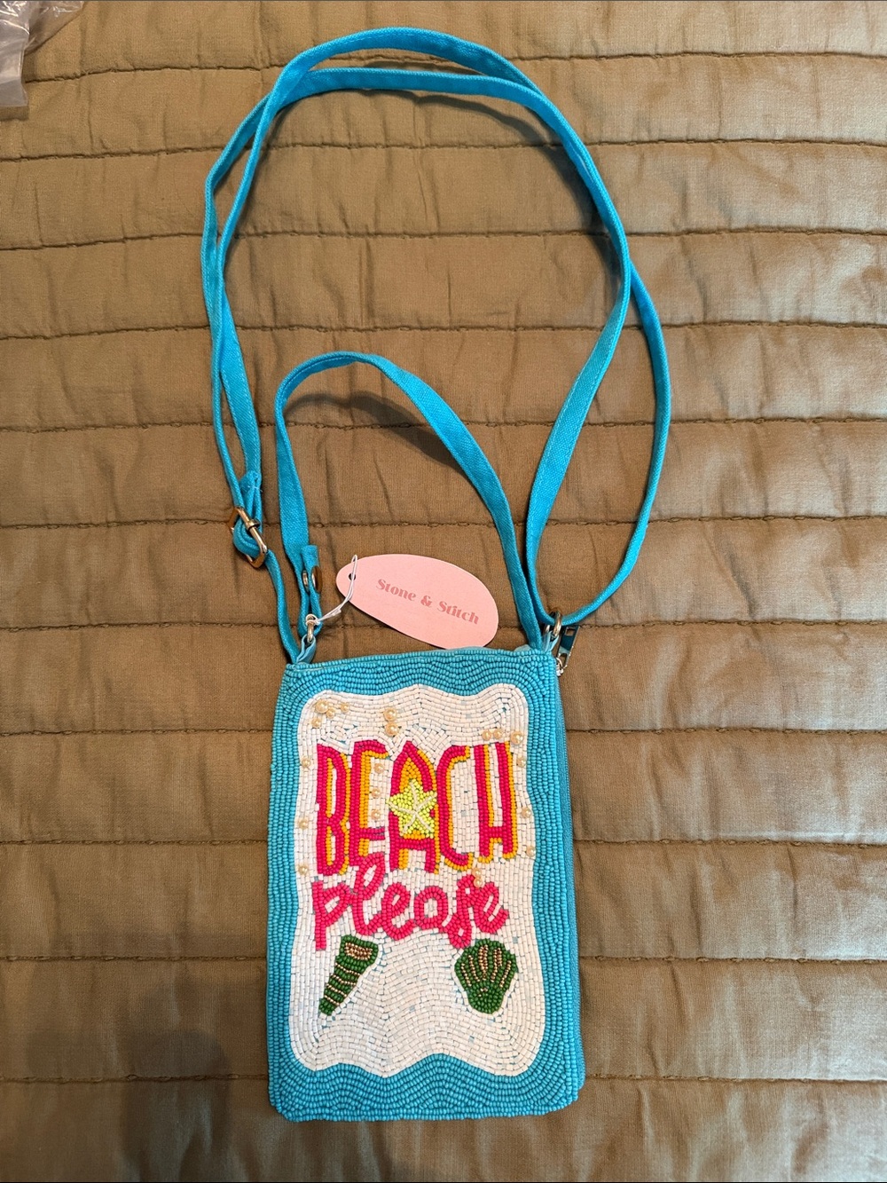 Turquoise 'Beach Please' Beaded Mini Crossbody